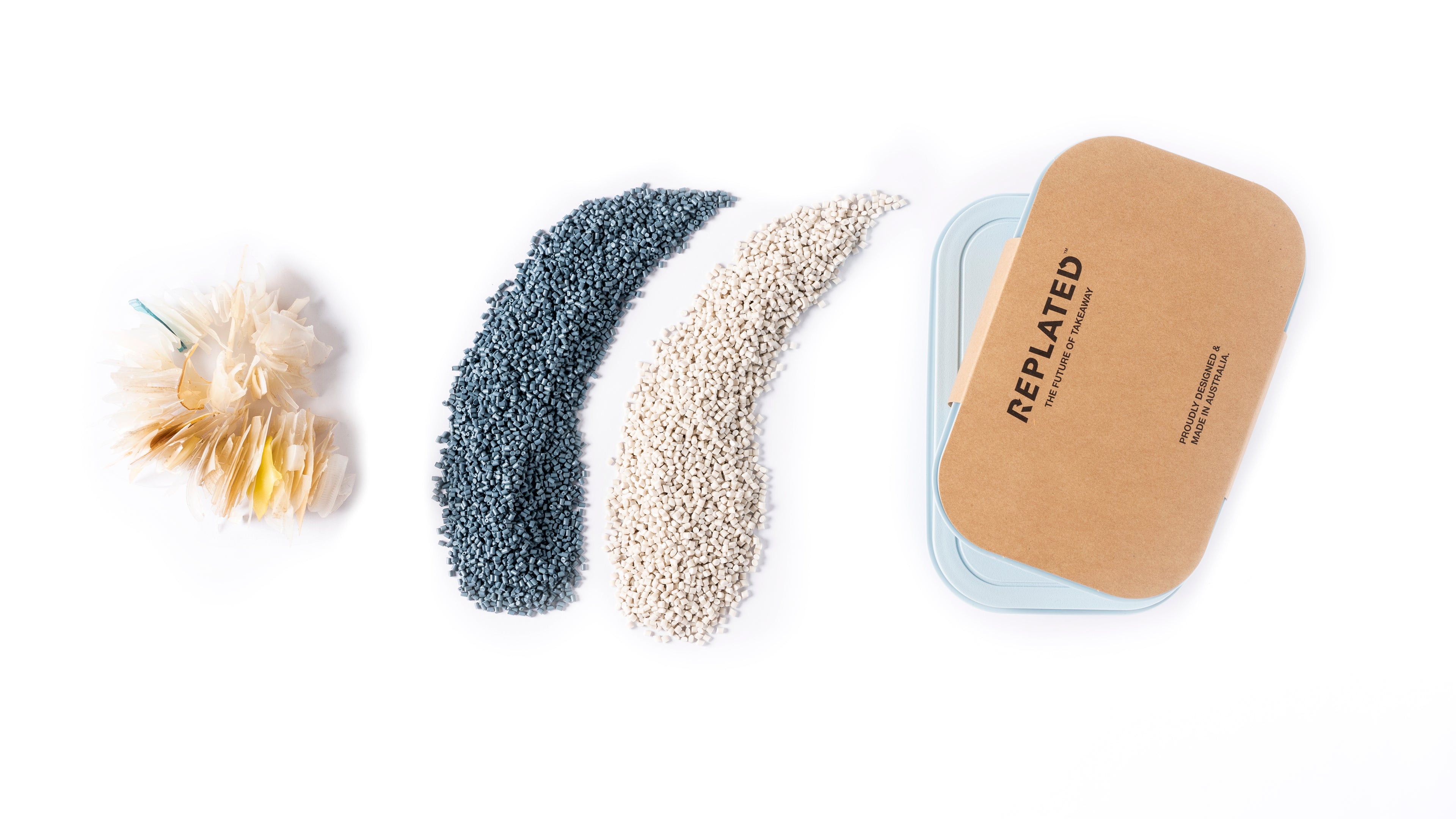 Picture visually illustrating the journey of rePlated raw materials from Ocean Bound Plastic, to pellet, to product